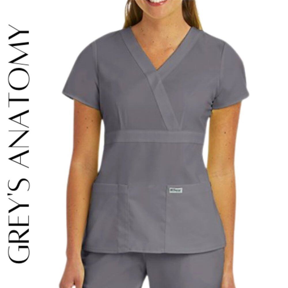 GREY’S ANATOMY Gray Mock Wrap Scrub Top XS | ArcDry Moisture-Wicking